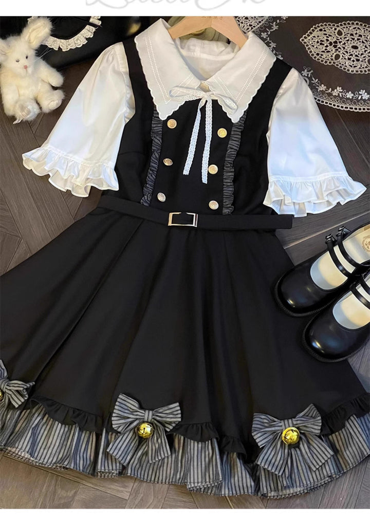 Preppy Outfit Set White Blouse Suspender Skirt Set 40072:671810