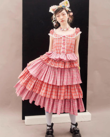 Sweet Lolita Dress Pink Plaid Dress Kawaii Layered Dress 36166:543392