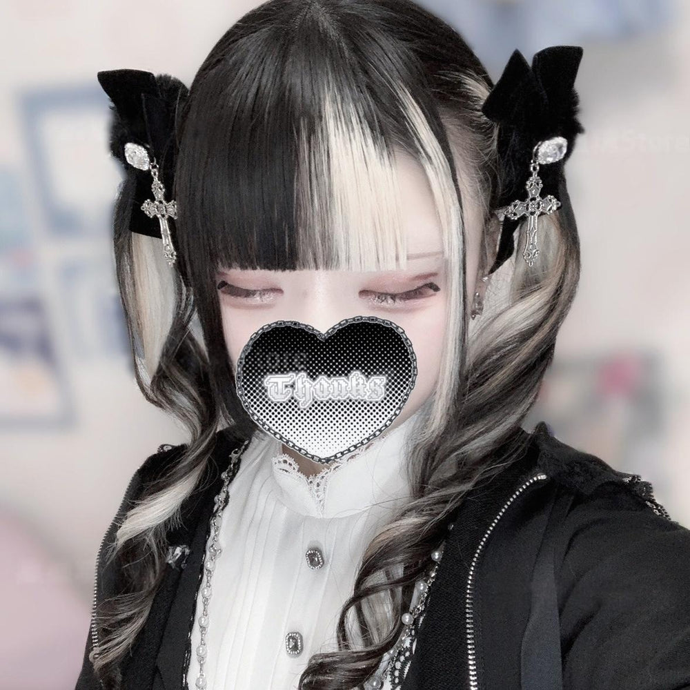 Jirai Kei Black Fluffy Hair Tie, Rhinestone and Cross 43870:791323