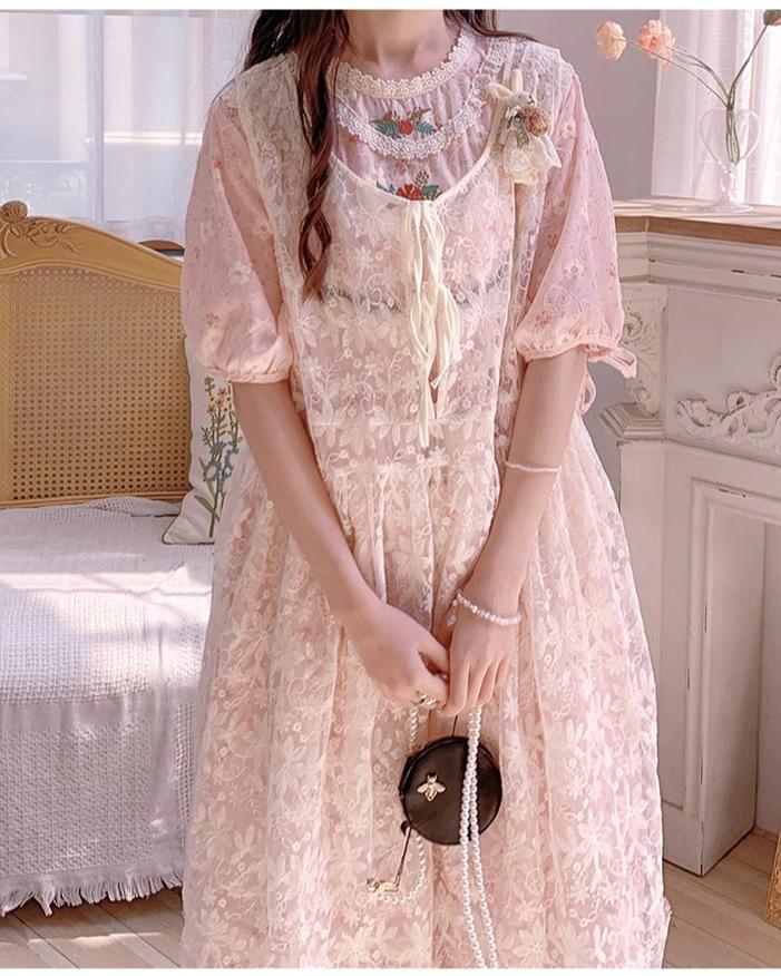 Mori Kei Dress Pink Floral Dress Short Sleeve Dress 36208:523658
