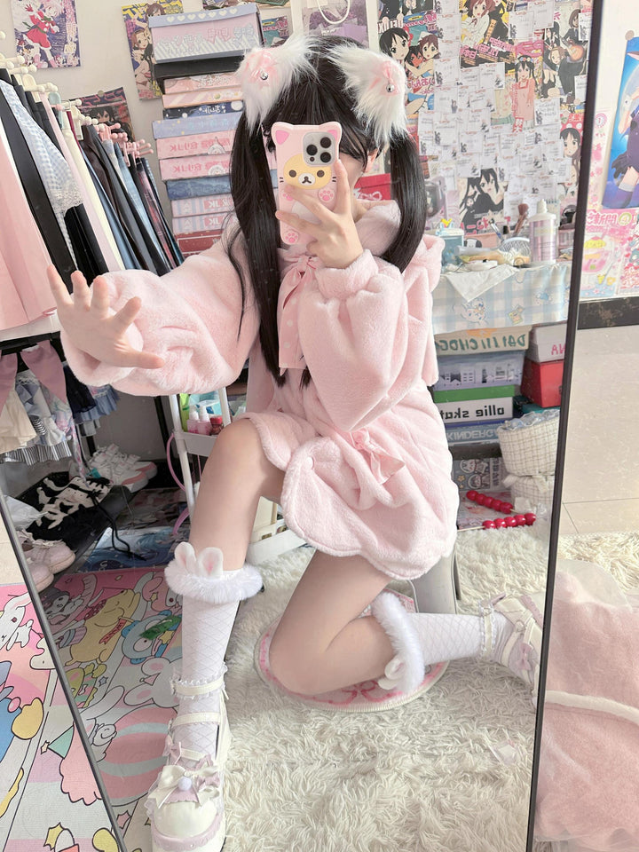 Jirai Kei Coat Sweet Bunny Ear Hoodie Long Fleece Coat 40938:682318