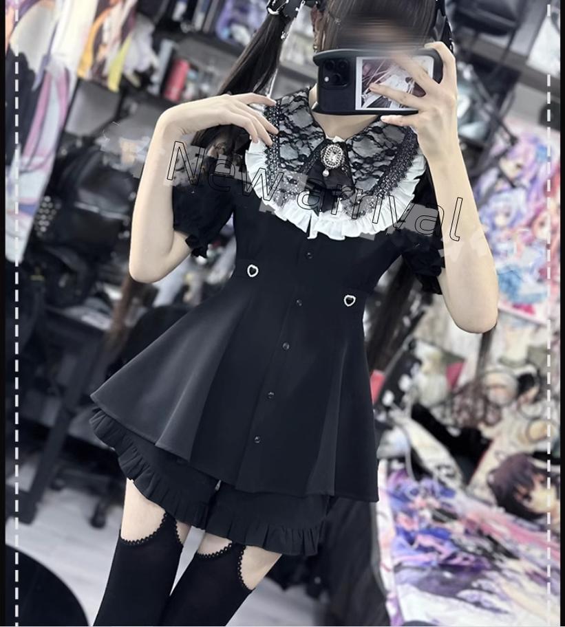 Jirai Kei Full Set Short Sleeve Puritan Collar Black Dress Set 37842:573670