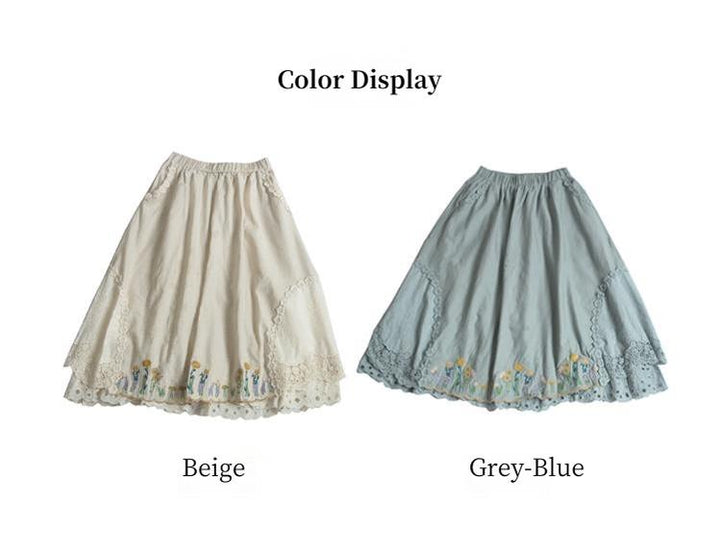 Mori Kei Skirt Sweet Retro Linen Embroidered Long Skirt 41802:719760