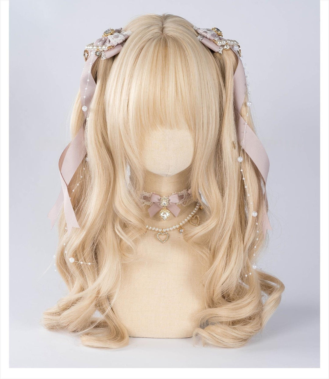 Jirai Kei Bow Hair Clip, Heart Rhinestone, Pearl Chain, Lace Trim 43501:778526
