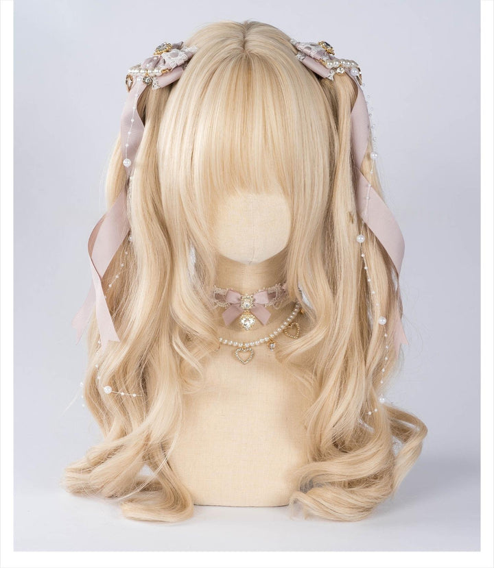 Jirai Kei Bow Hair Clip, Heart Rhinestone, Pearl Chain, Lace Trim 43501:778526