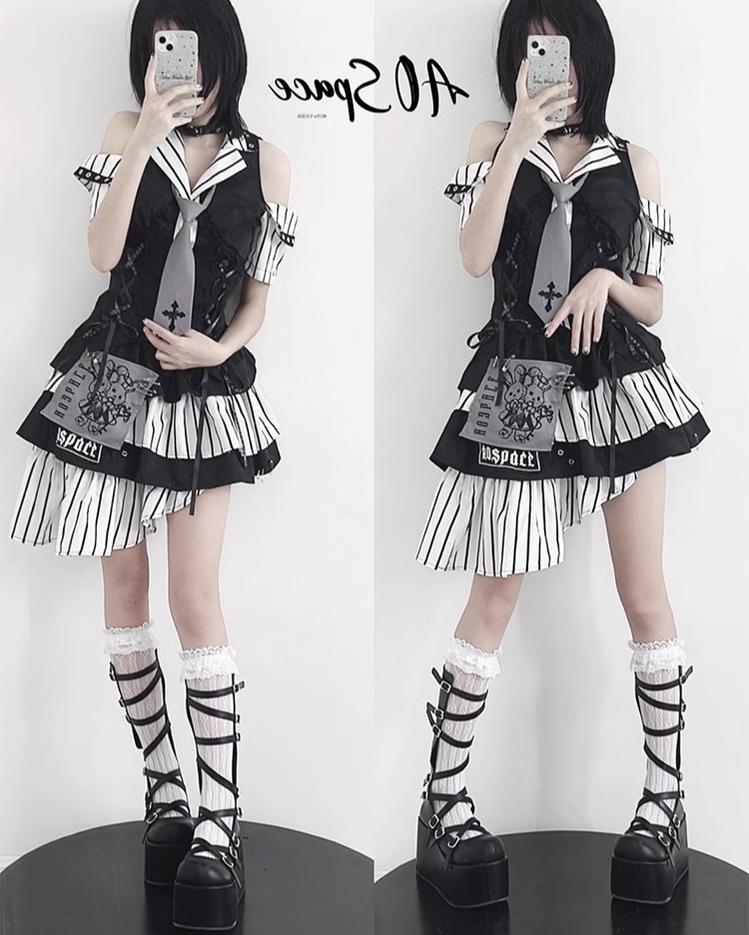 Jirai Kei Off-shoulder Striped Shirt And Ruffled Hem Skirt 37558:564086