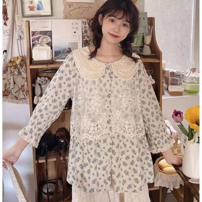 Mori Kei Blouse Floral Cotton Linen Shirt With Lace 36222:524862