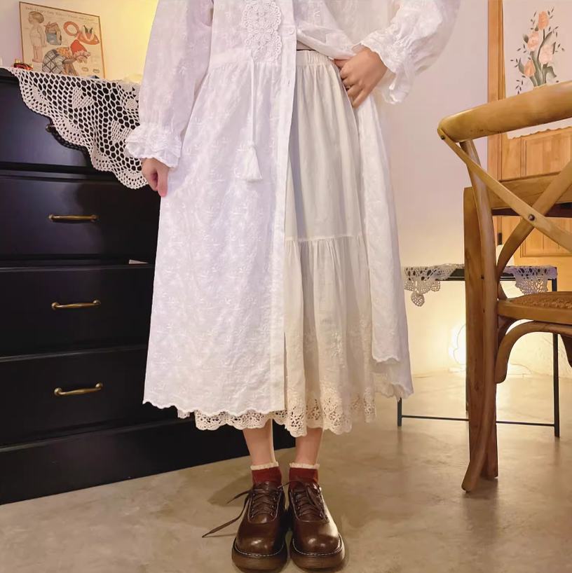 Mori Kei Underskirt Cotton Hollow Lace Spliced Skirt 36220:524776