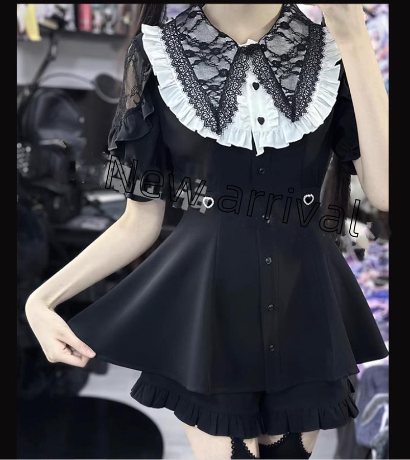 Jirai Kei Full Set Short Sleeve Puritan Collar Black Dress Set 37842:573654