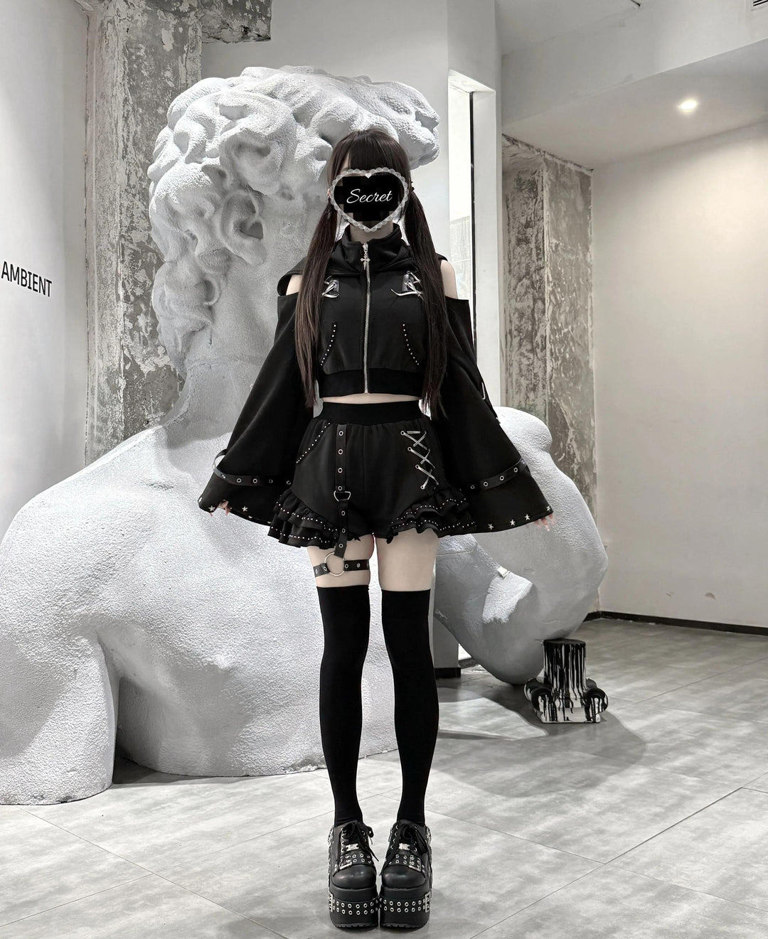 Gothic Hooded Crop Jacket & Shorts Set, Cat Ear 46064:874095