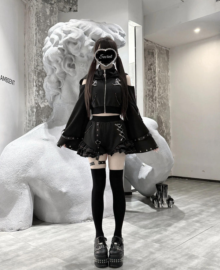 Gothic Hooded Crop Jacket & Shorts Set, Cat Ear 46064:874095