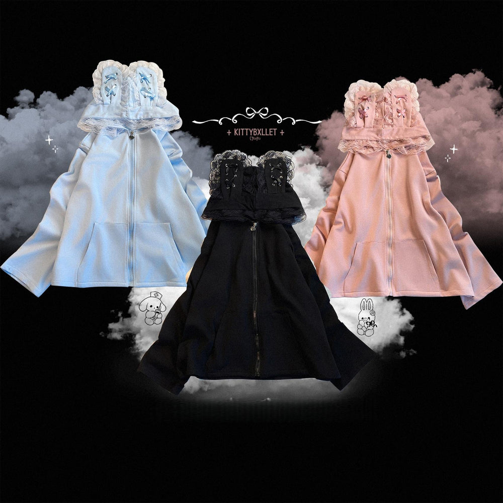 Kawaii Zipper Closure Jacket, Lace Bunny Ear 44002:792527