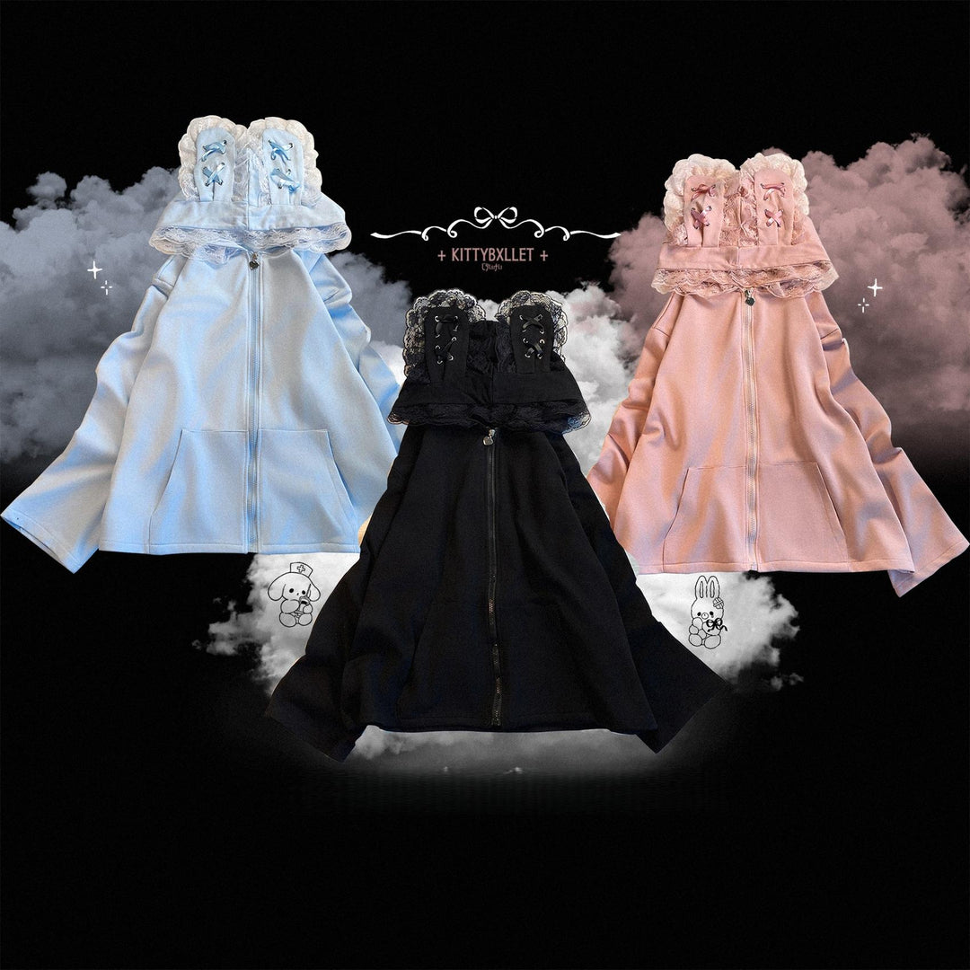 Kawaii Zipper Closure Jacket, Lace Bunny Ear 44002:792527