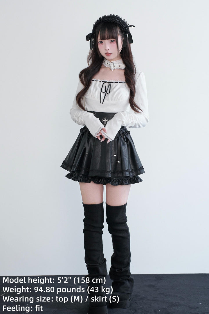 Jirai Kei Choker Top, High-Waisted Leather Skort 44327:805448