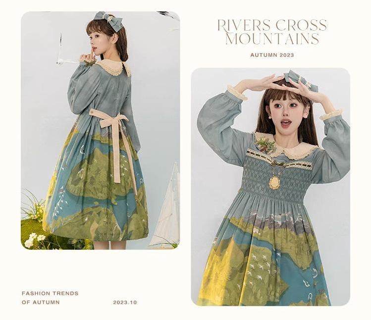 Lolita Dress Rivers Cross Mountains Print Lolita Dress Set 39412:627202