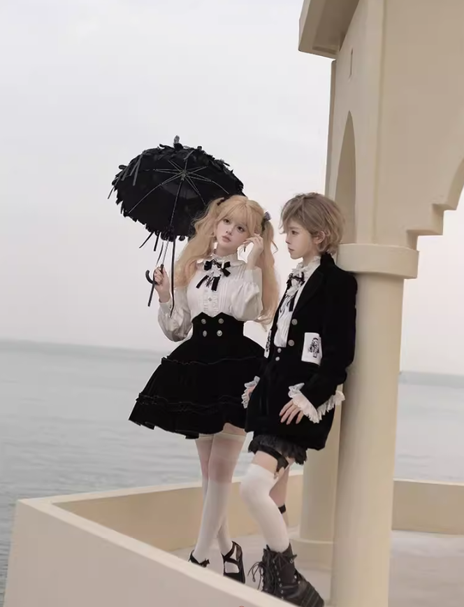 Ouji Lolita Prince Outfit Set Black Skirt Velvet Shorts Set 39368:631980