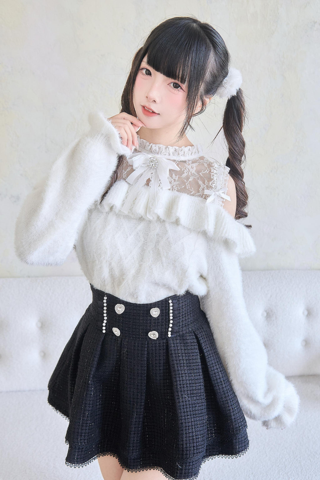 Jirai Kei Sweater Lace Frill Collar Knit Sweater With Bow 41680:711730