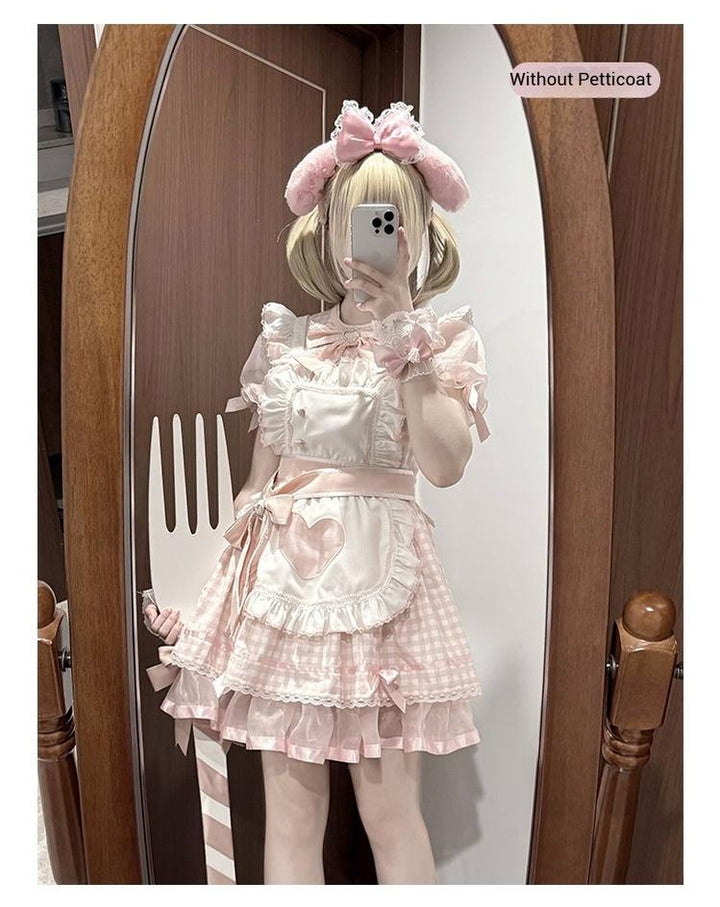 Plaid Jirai Kei OP Dress in Maid Style with Removable Apron 43004:763166