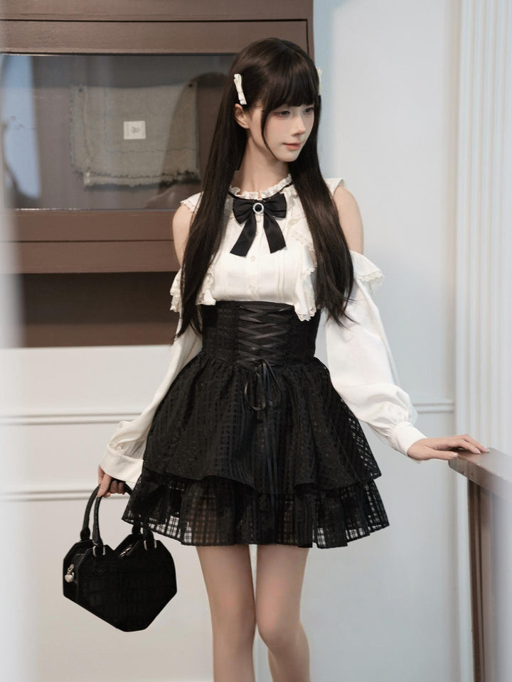 Open-Shoulder Blouse, High-Waisted Plaid Skirt 44297:804760