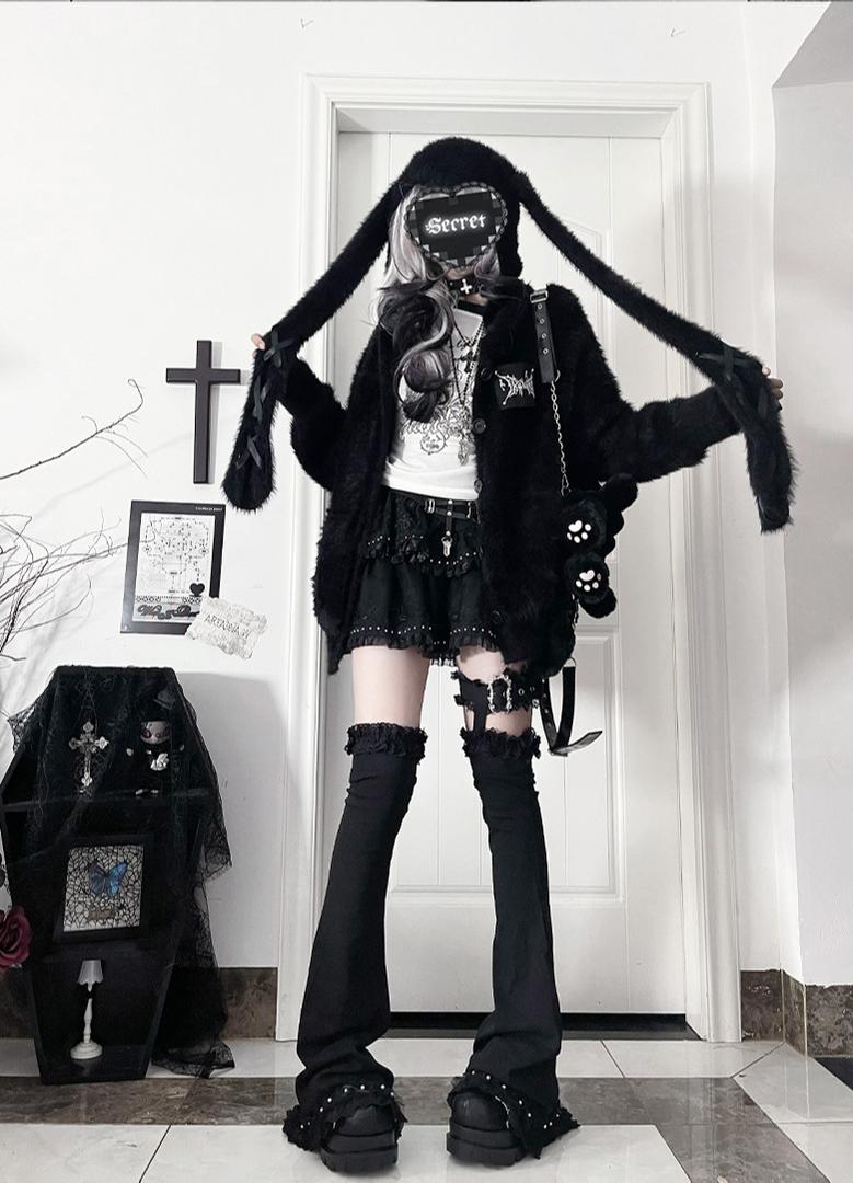 White/Black Knitted Coat, Long Bunny Ear Hood 44334:804912