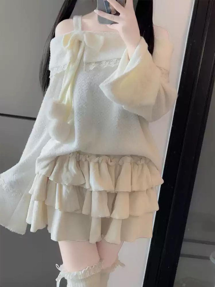 Jirai Kei Sweater White Off-Shoulder Sweater Tiered Skirt 40074:649828