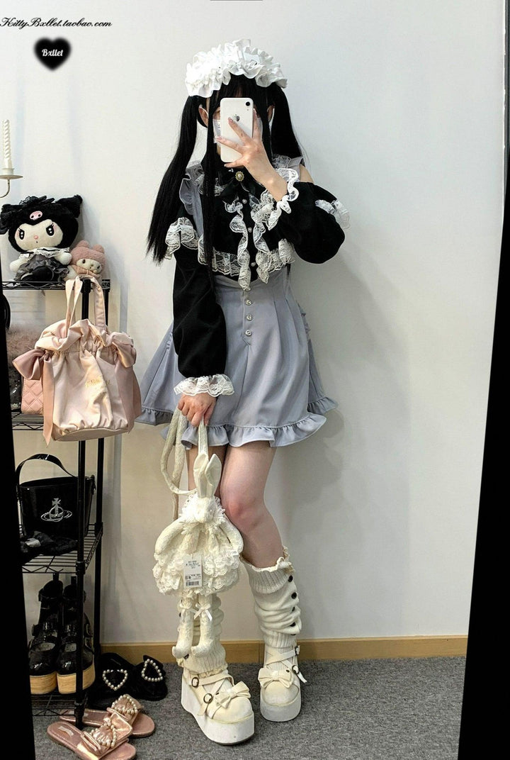 Jirai Kei Blouse Double Ruffle Open Shoulder Shirt 31856:768494