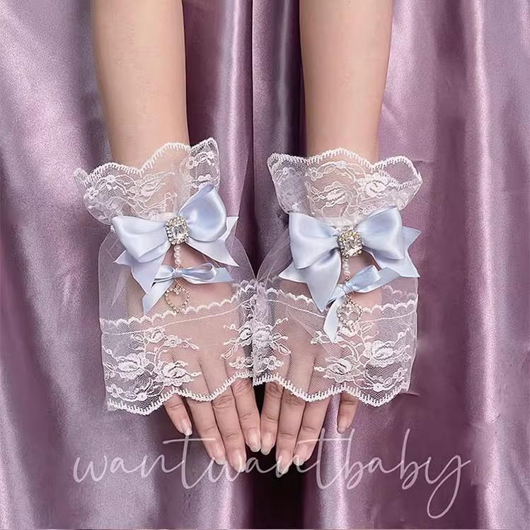 Jirai Kei Lace Cuffs with Bow Pearl and Rhinestones 42235:741506