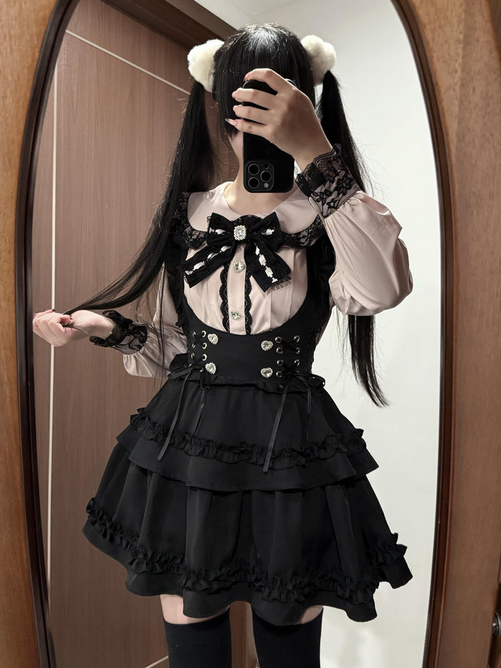 Jirai Kei Long Sleeve Blouse, Black Suspender Skirt 44031:803510