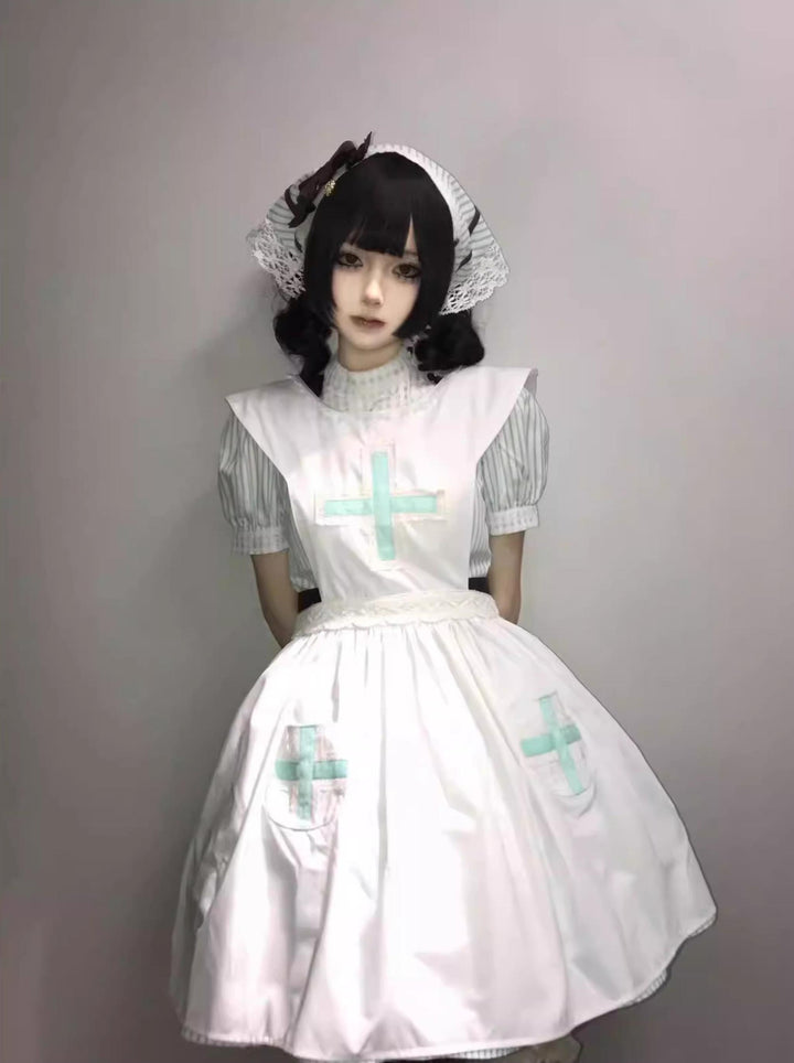 Old School Lolita Striped Dress, Cross Apron 45136:836827