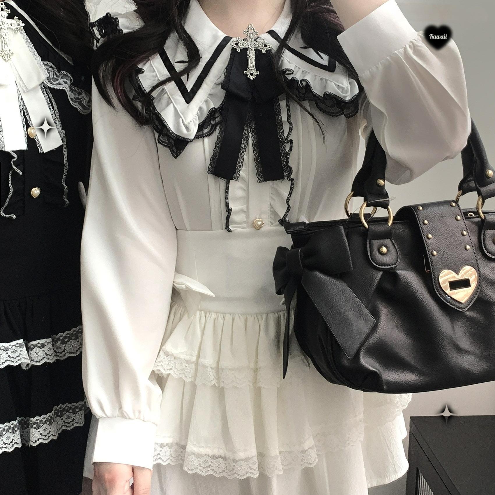 Jirai Kei Blouse Sailor Collar Shirt Cross Lace Long Sleeve