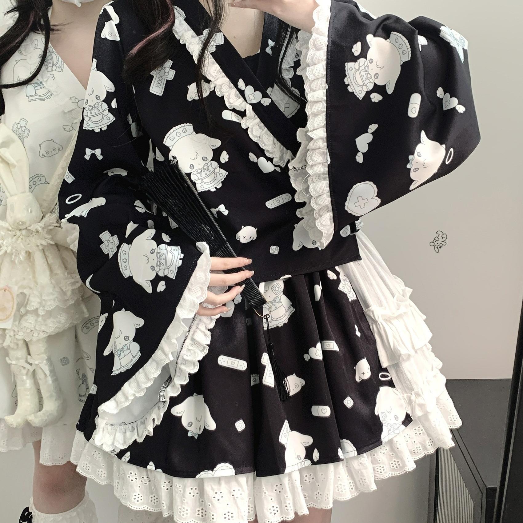 Tenshi Kaiwai Patchwork Skirt Kimono Top White Apron Three-Piece Set 36786:536960