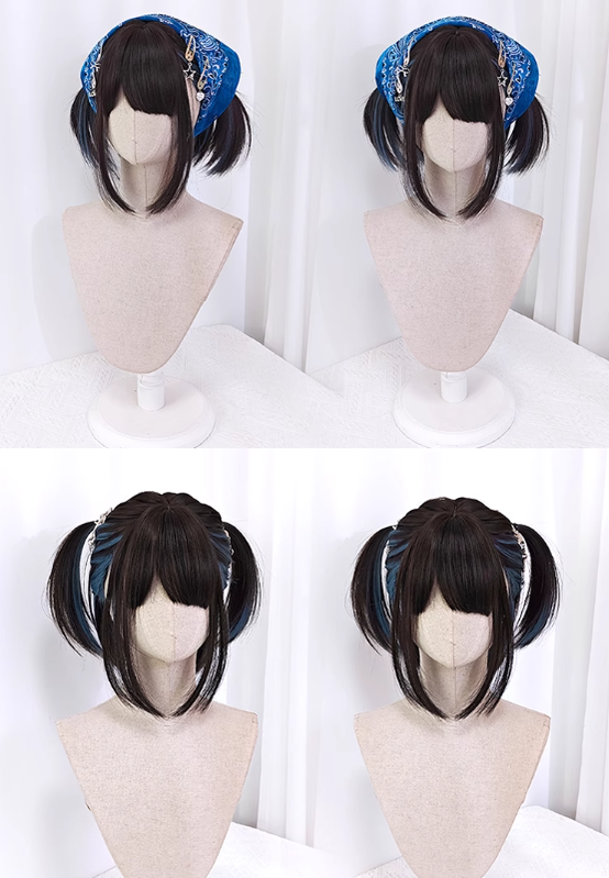 Jirai Kei Wig E-Butterfly Girl Blue Dark Brown Short Hair Wig 22044:367154 22044:367154