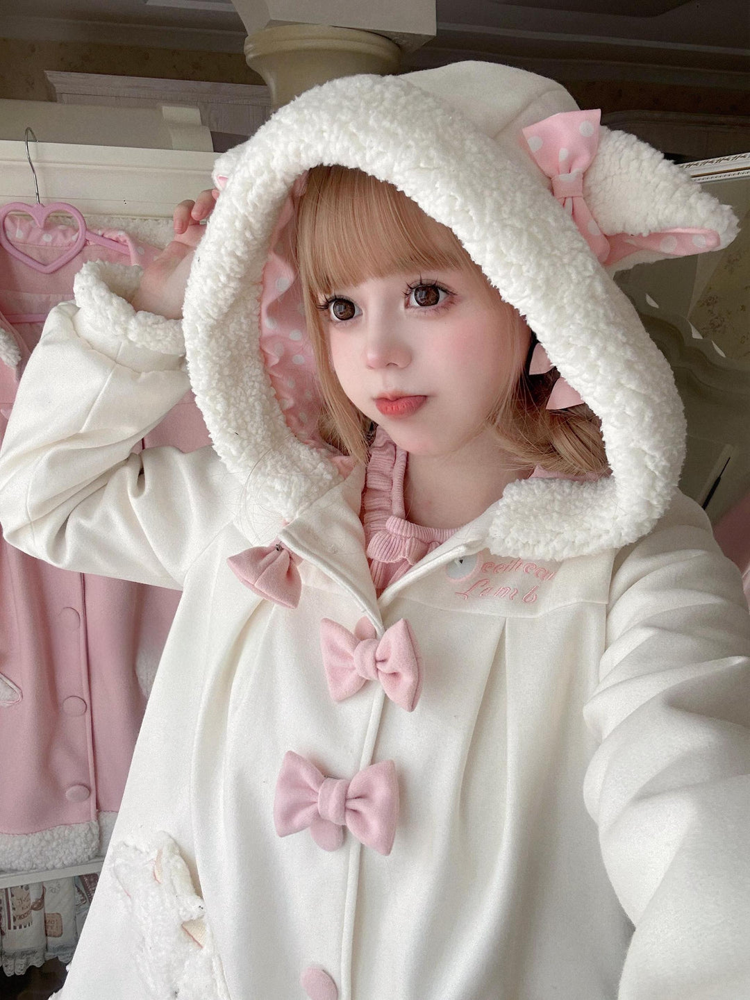 Sweet Lolita Coat Kawaii Bow Bunny Ear Hooded Coat 40934:682144