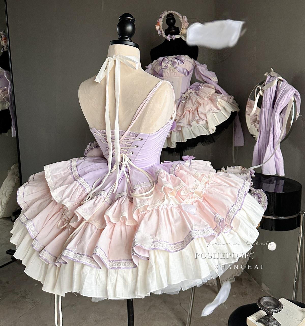 Lolita Dress Set Sweet Violet Pink Puffy Dress Corset Dress 36388:554888