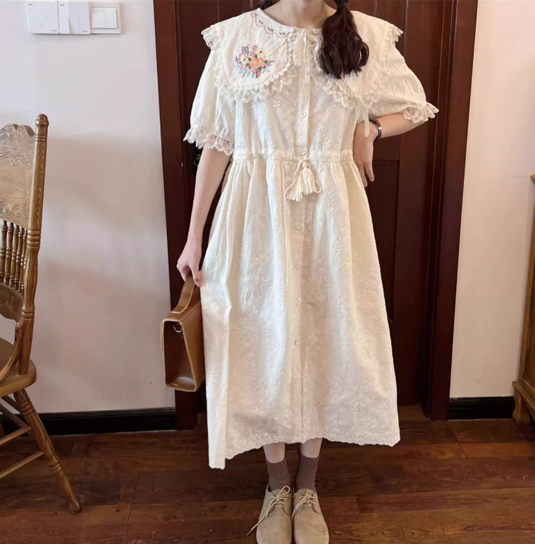 Mori Kei Dress Cottagecore Dress Short Sleeve Dress 36212:524356