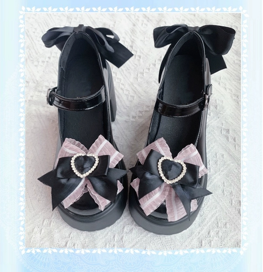 Jirai Kei Pink Black Platform Shoes With Bows and Rhinestones 21708:321070