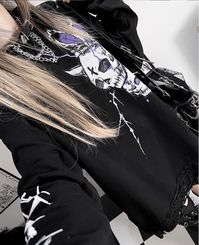 Gothic Cotton Hooded Shirt, Skull Printed 43876:788982