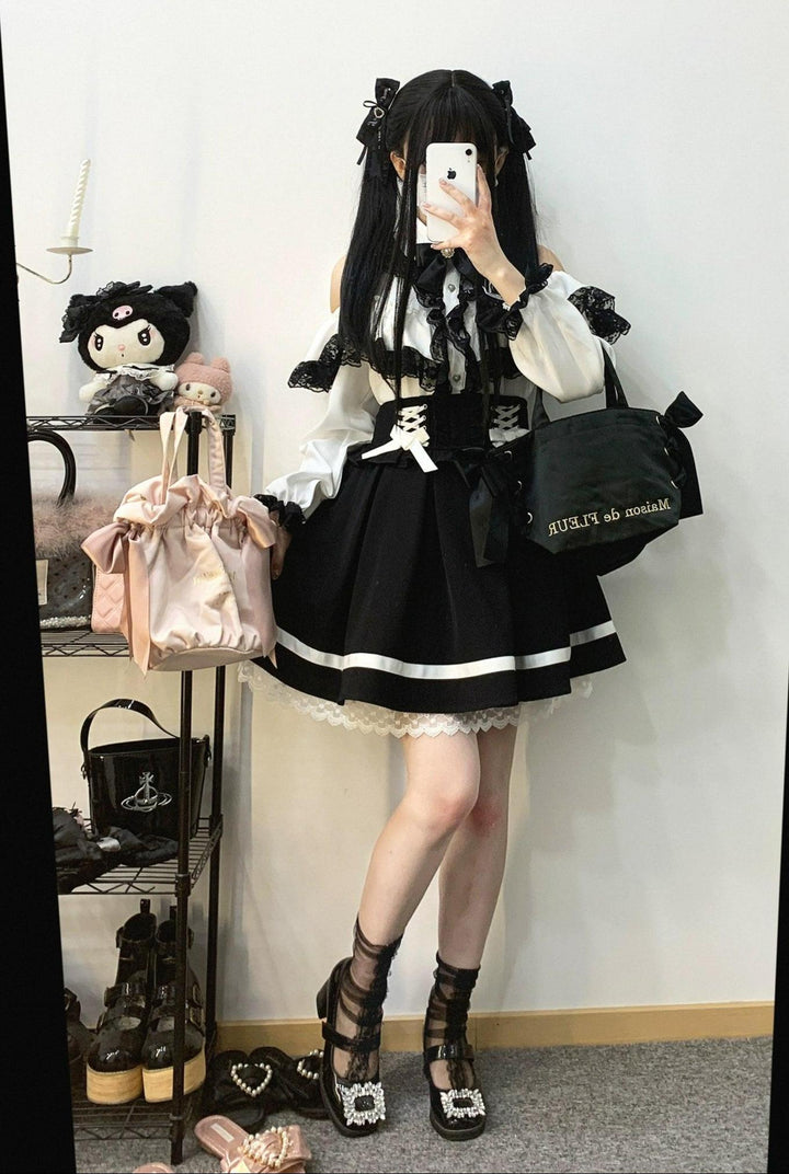 Jirai Kei Blouse Double Ruffle Open Shoulder Shirt 31856:768510