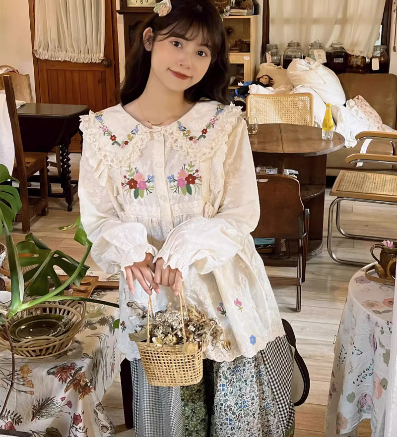 Mori Kei Skirt Green Floral Patchwork Skirt Vintage Skirt 36224:524924