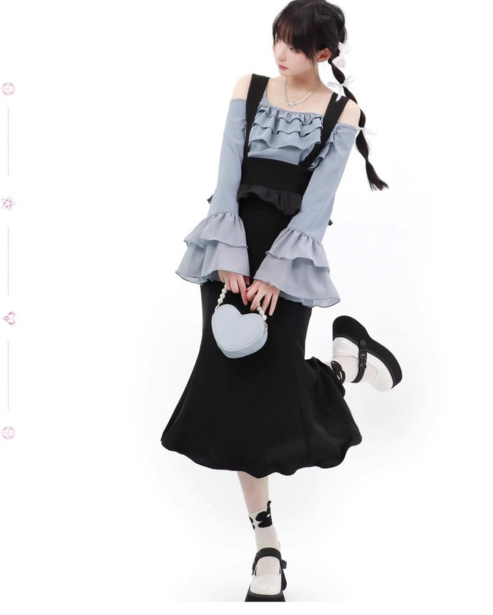 Elegant Outfit Set Chiffon Blouse Suspender Skirt Set 40238:663576