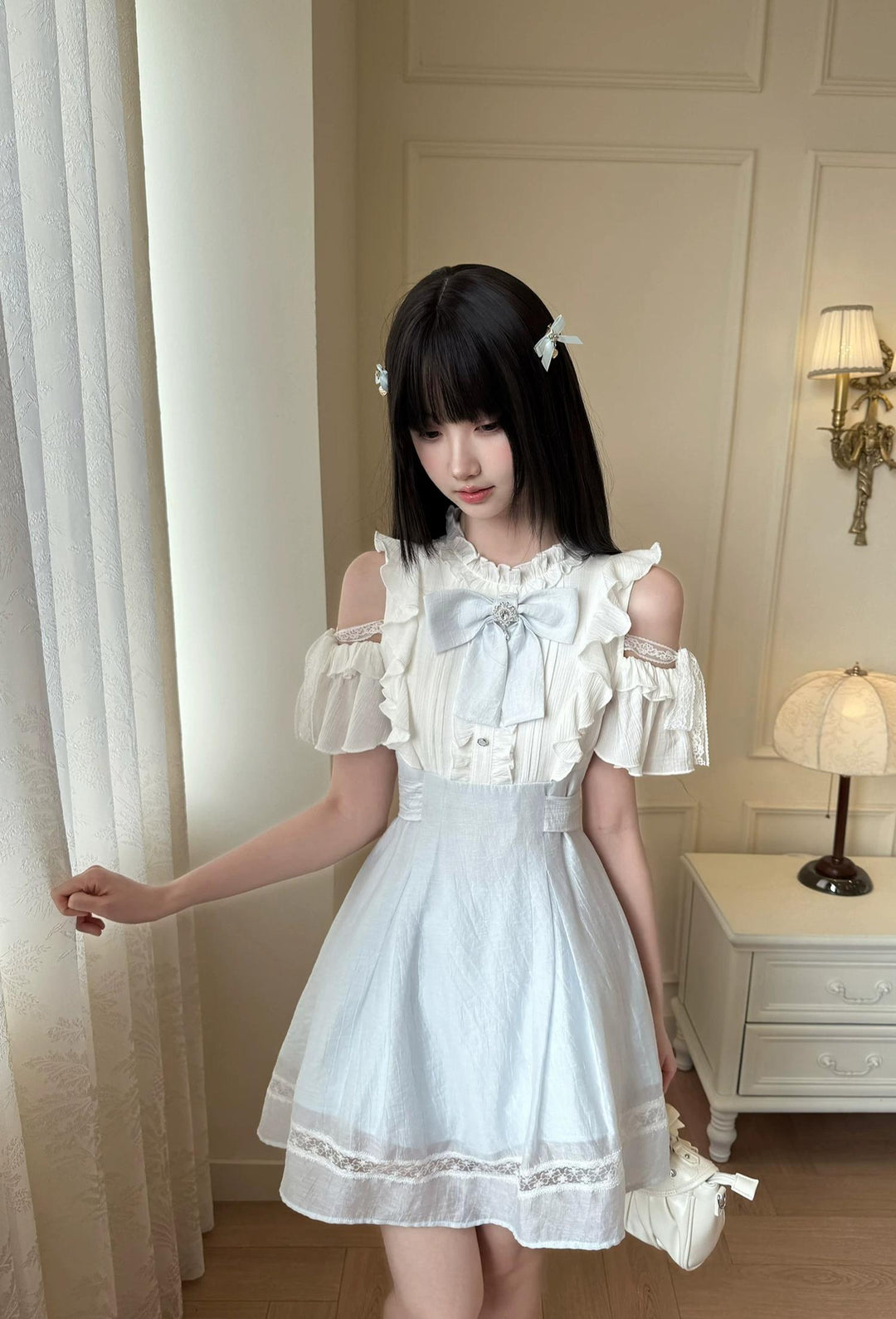 Seiso Kei Open Shoulder Dress, Blue & White Color Spliced 45752:861429