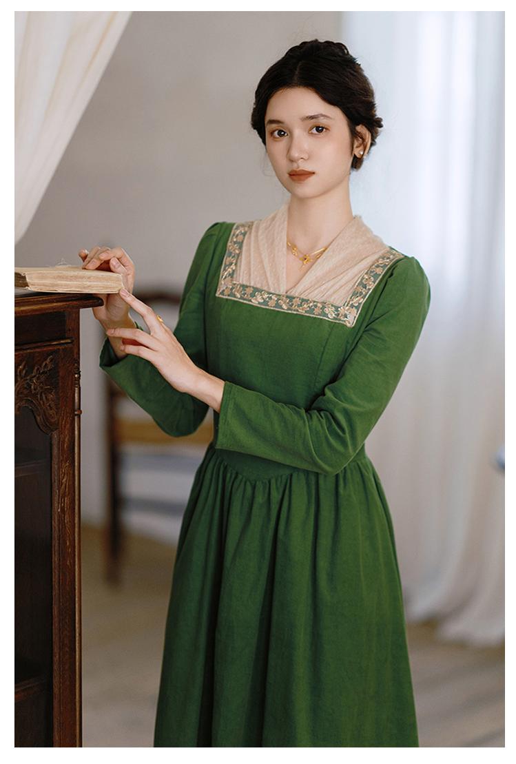 Retro Prom Dress Green Elegant Corduroy Court Dress 42200:732861