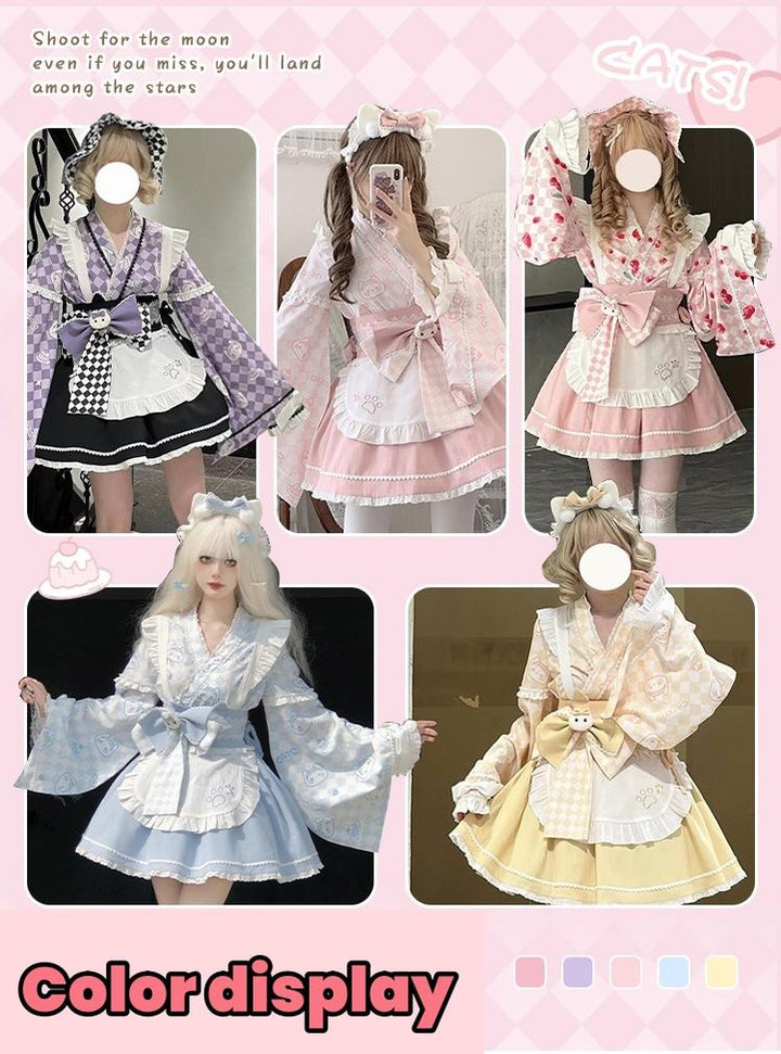 Kimono Lolita Plaid Princess Sleeve Shirt Kawaii Skirt Set 38964:606980