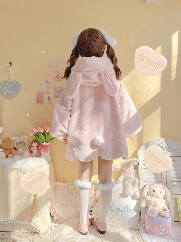 Jirai Kei Coat Sweet Bunny Ear Hoodie Long Fleece Coat 40938:682302