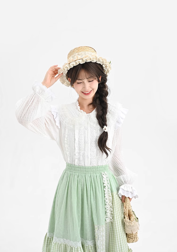 Mori Kei Blouse Lace Patchwork Shirt White Top 39290:631604