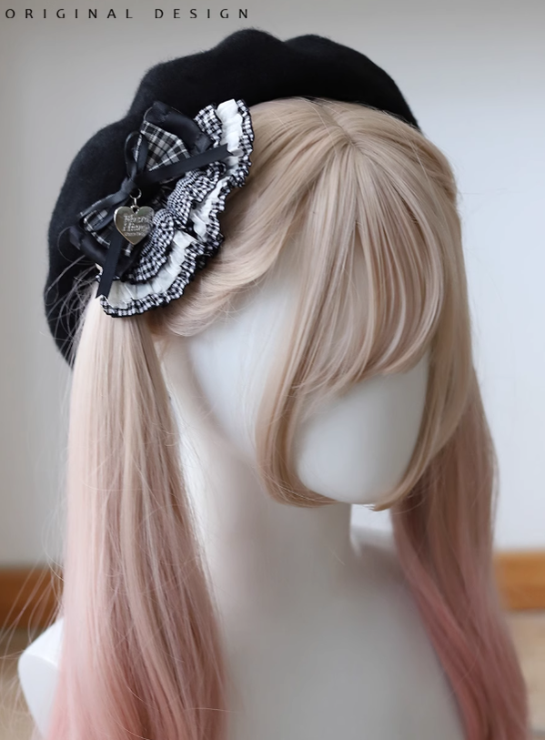 Lolita Beret Retro Bow Hat Black And White Plaid Hat 39650:635548