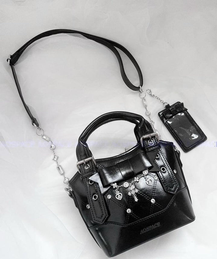 Oil-waxed Leather Jirai Kei Cross-body Bag, Detachable Strap (Black) 44161:798507