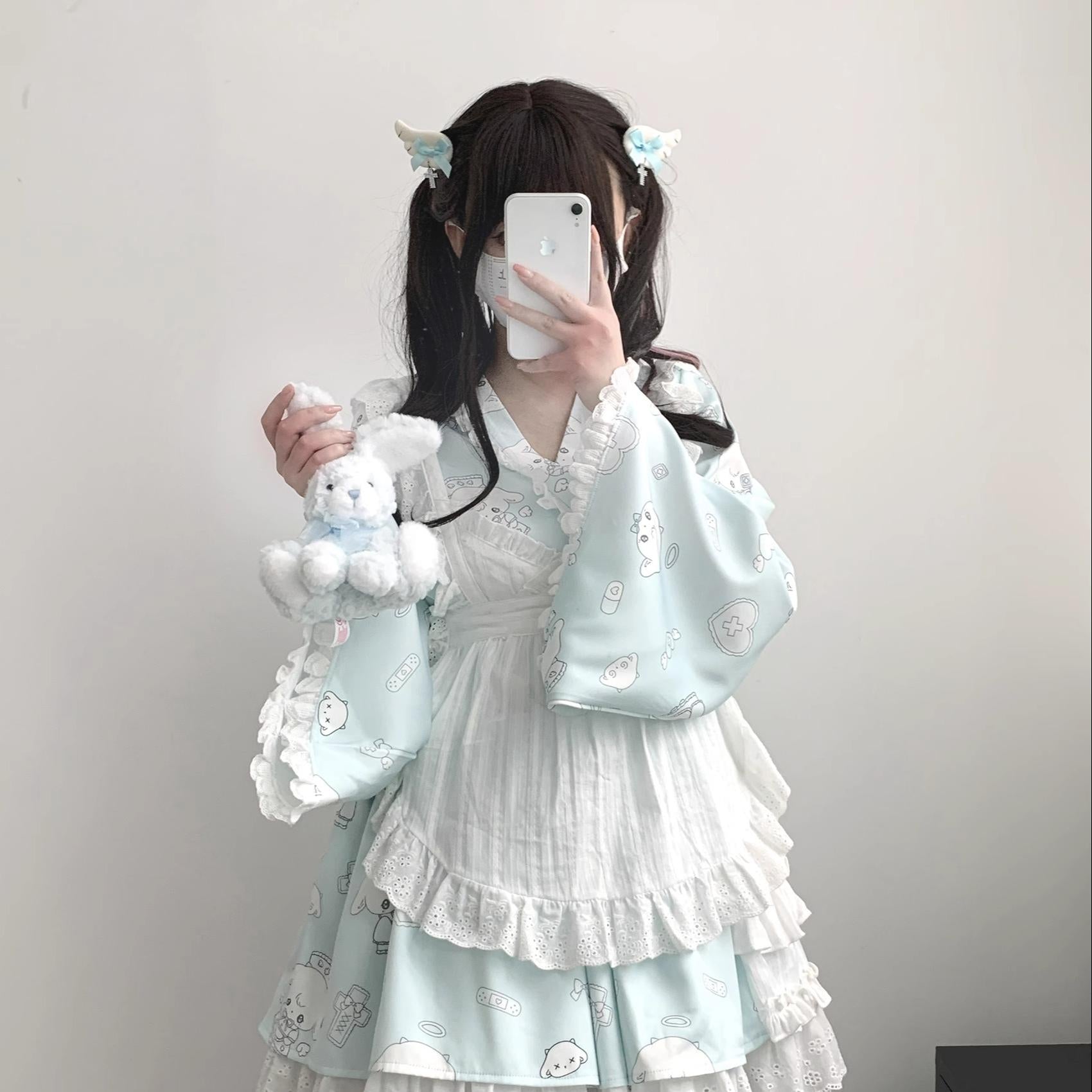 Tenshi Kaiwai Patchwork Skirt Kimono Top White Apron Three-Piece Set 36786:536830