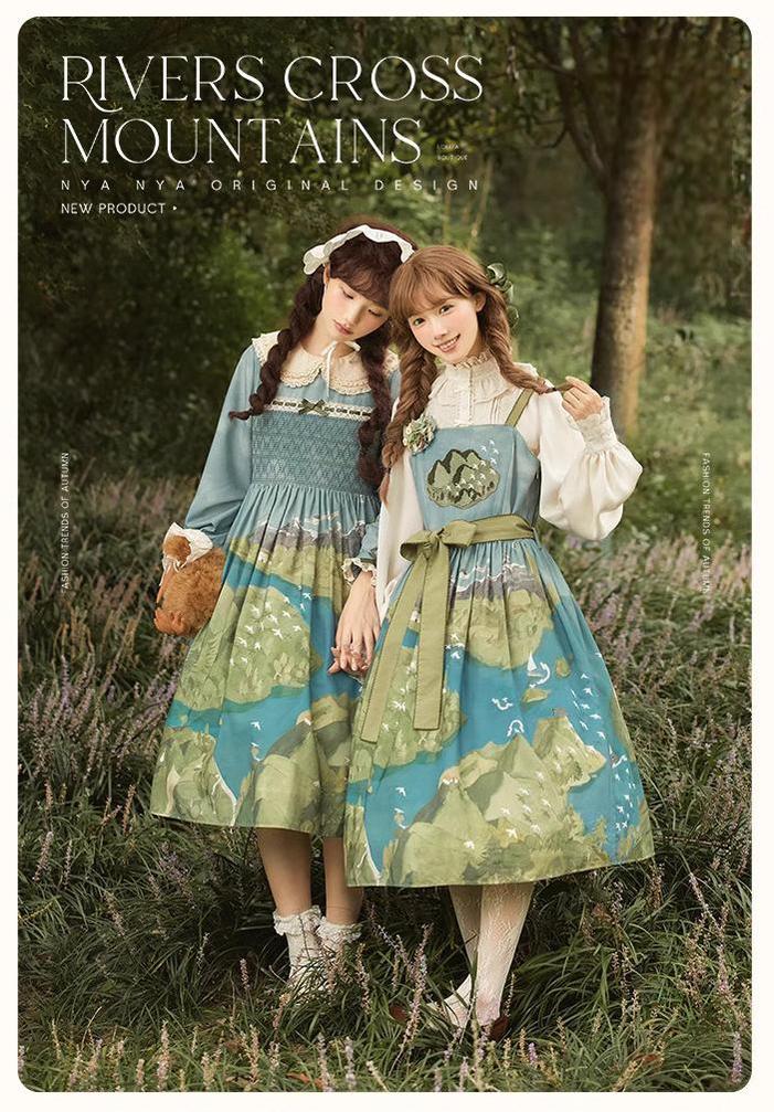 Lolita Dress Rivers Cross Mountains Print Lolita Dress Set 39412:627156