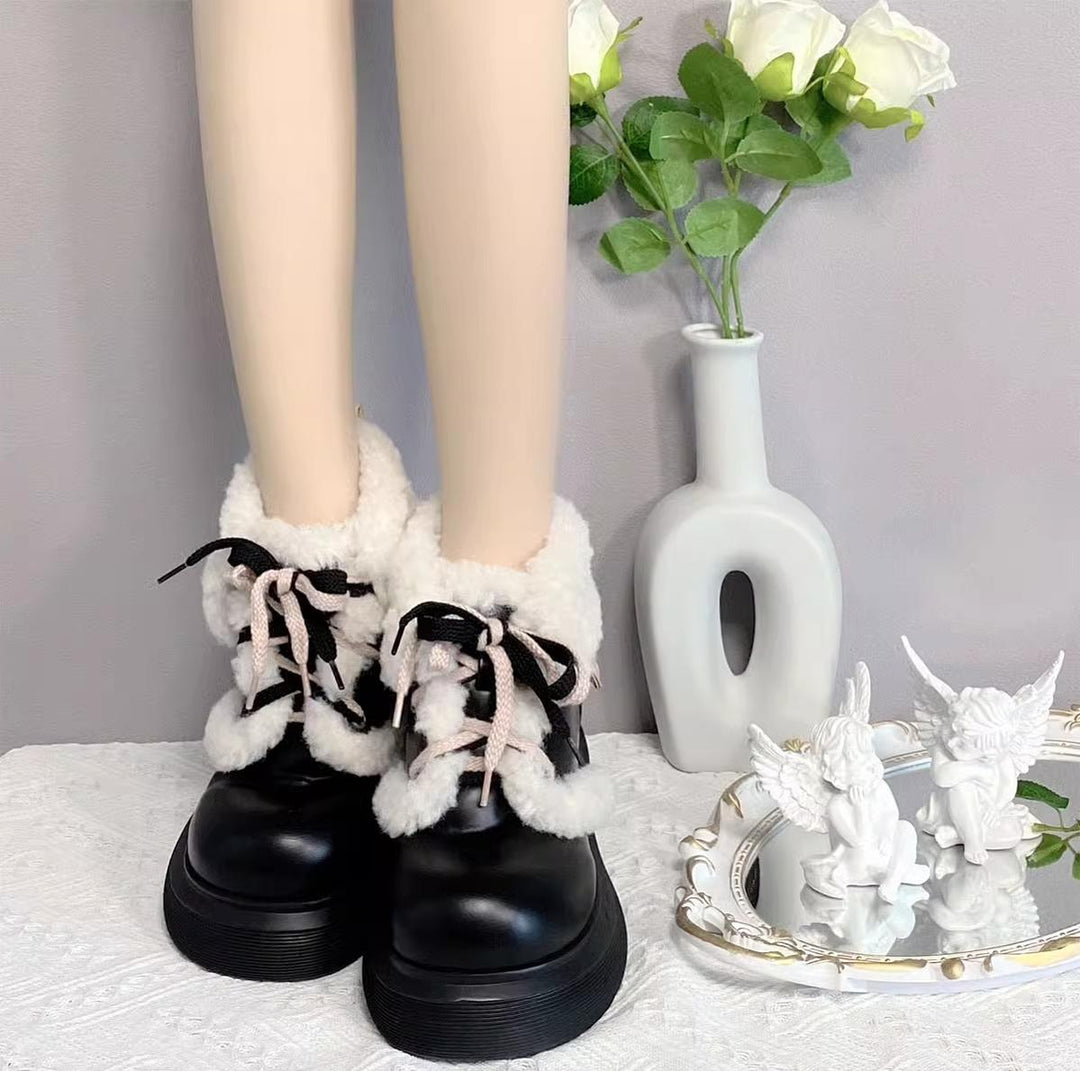 Kawaii Shoes White Black Shoes Lamb Wool Padded Snow Boots 33768:450146 33768:450146